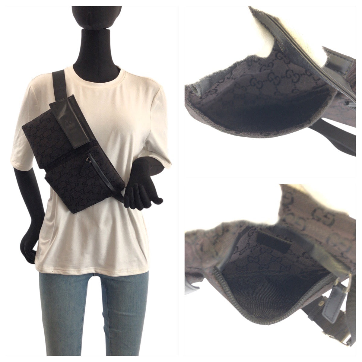 23138
GUCCI グッチ ブラック 黒 シルバー金具 GGキャンバス / レザー 018 1621 ボディバッグ バムバッグ ウエストポーチ メンズ ABP36