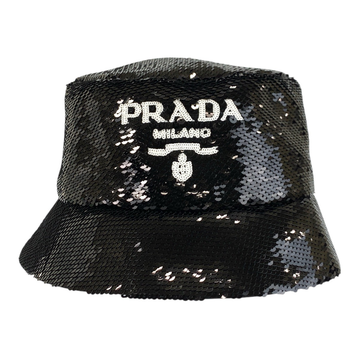 23143
PRADA プラダ ロゴ スパンコール ブラック 黒 コットン / シルク バケットハット 男女兼用 レディース A50