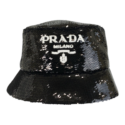 23143
PRADA プラダ ロゴ スパンコール ブラック 黒 コットン / シルク バケットハット 男女兼用 レディース A50