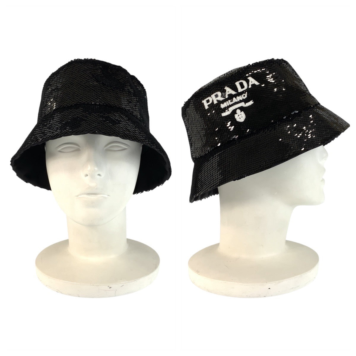 23143
PRADA プラダ ロゴ スパンコール ブラック 黒 コットン / シルク バケットハット 男女兼用 レディース A50