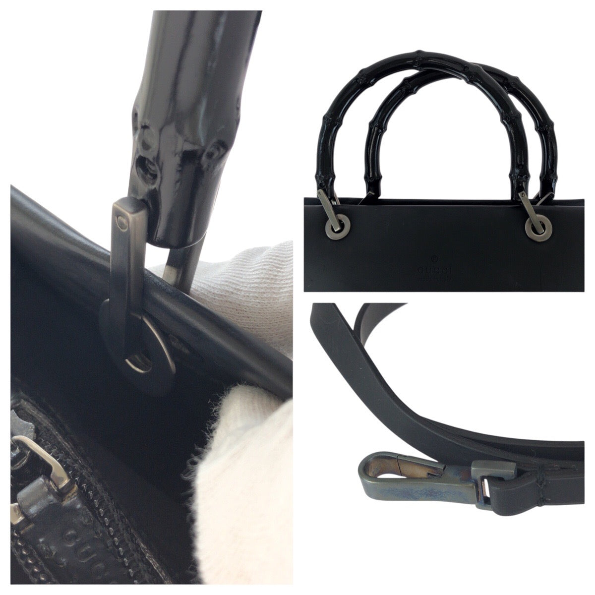 23150
GUCCI グッチ バンブー ブラック 黒 ガンメタ金具 レザー 002 1016 トートバッグ ショルダーバッグ 2way レディース AB40