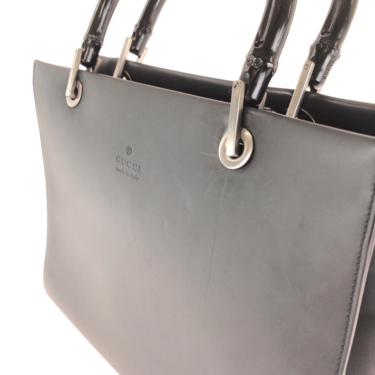 23150
GUCCI グッチ バンブー ブラック 黒 ガンメタ金具 レザー 002 1016 トートバッグ ショルダーバッグ 2way レディース AB40