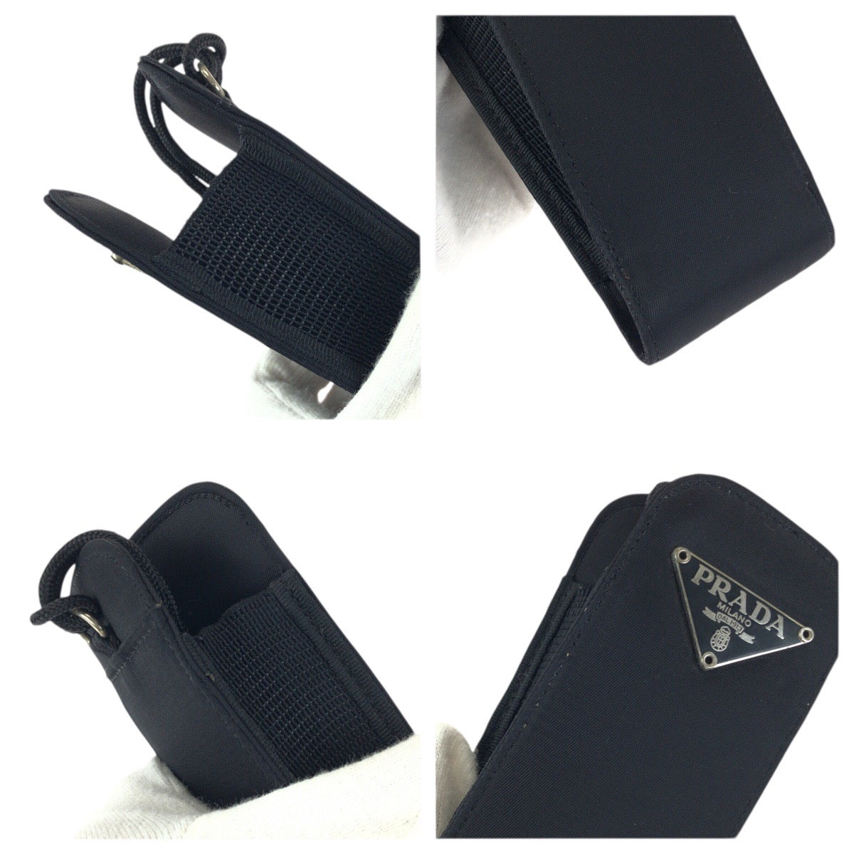 23161
PRADA プラダ テスート 三角ロゴプレート ブラック 黒 シルバー金具 ナイロン 携帯ケース シガレットケース IQOSケース 男女兼用 メンズ ABP14