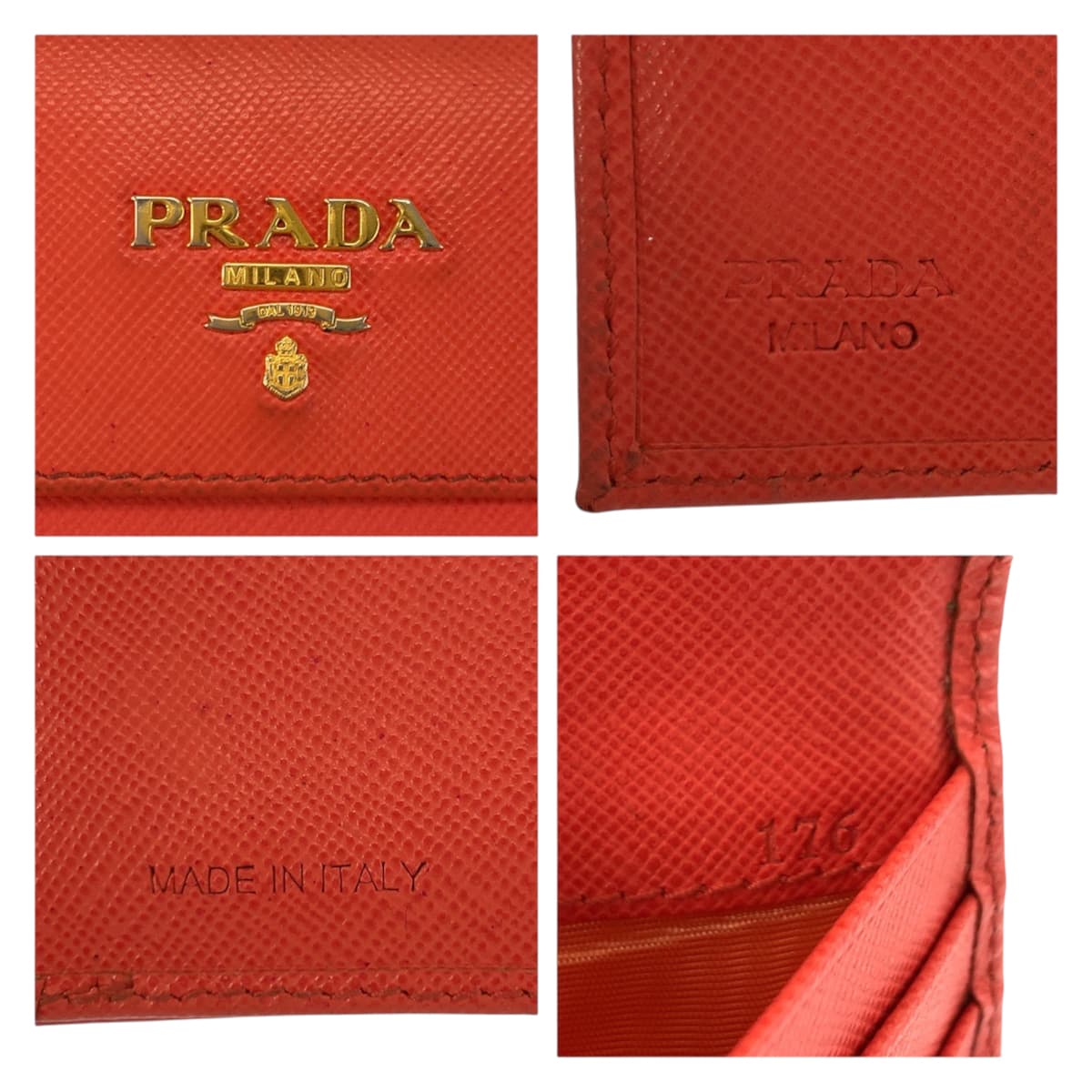 23164
PRADA プラダ ロゴ オレンジ ゴールド金具 レザー 折財布 コンパクトウォレット レディース AB14