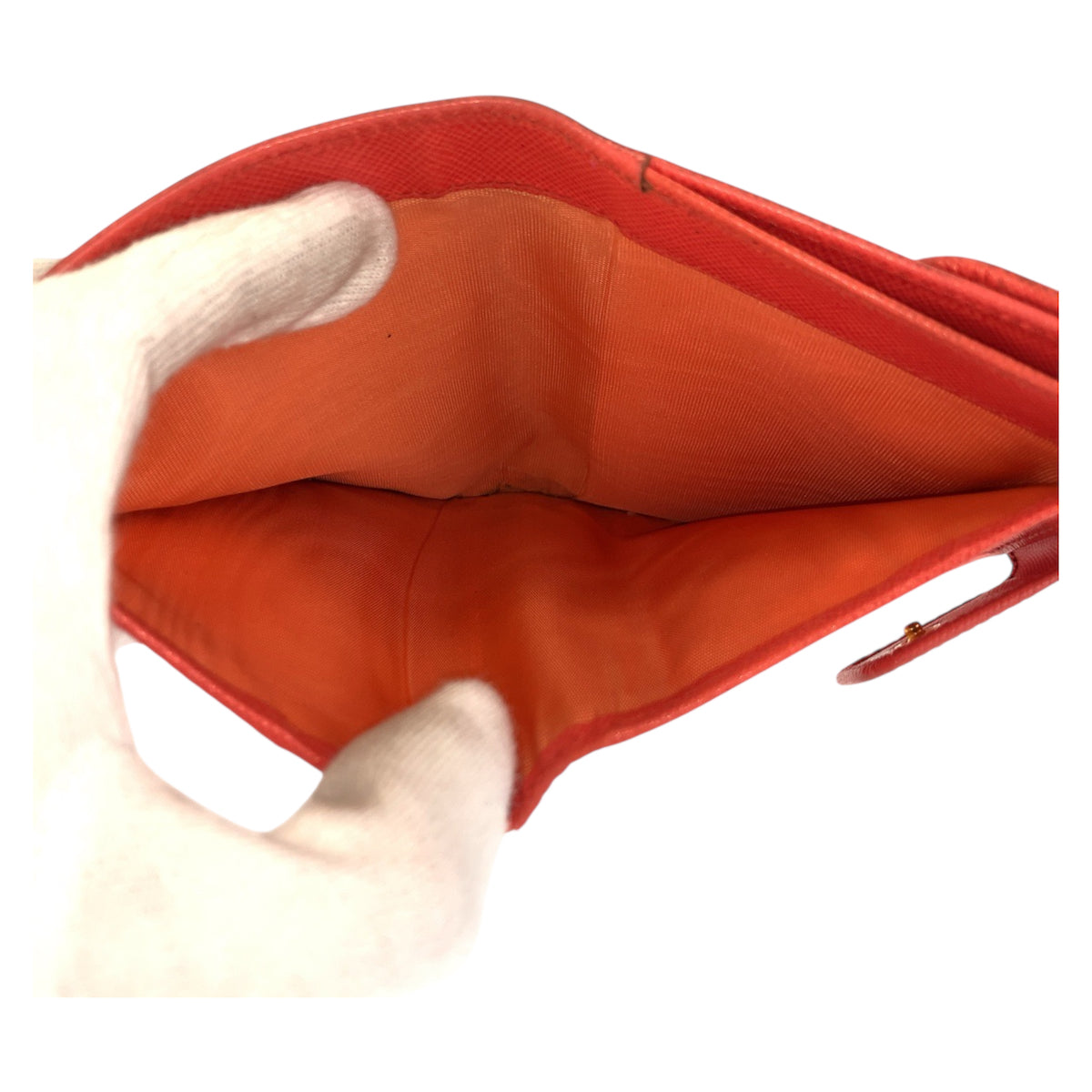 23164
PRADA プラダ ロゴ オレンジ ゴールド金具 レザー 折財布 コンパクトウォレット レディース AB14