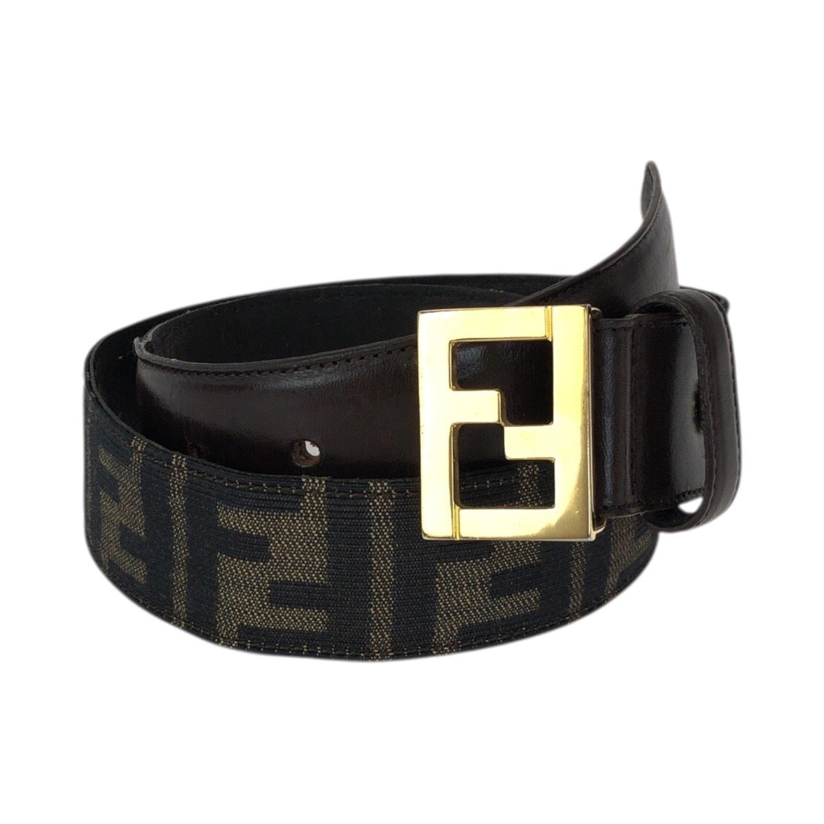 23169
FENDI フェンディ ズッカ FFロゴ サイズ44インチ ダークブラウン ゴールド金具 キャンバス / レザー ベルト レディース ABP20