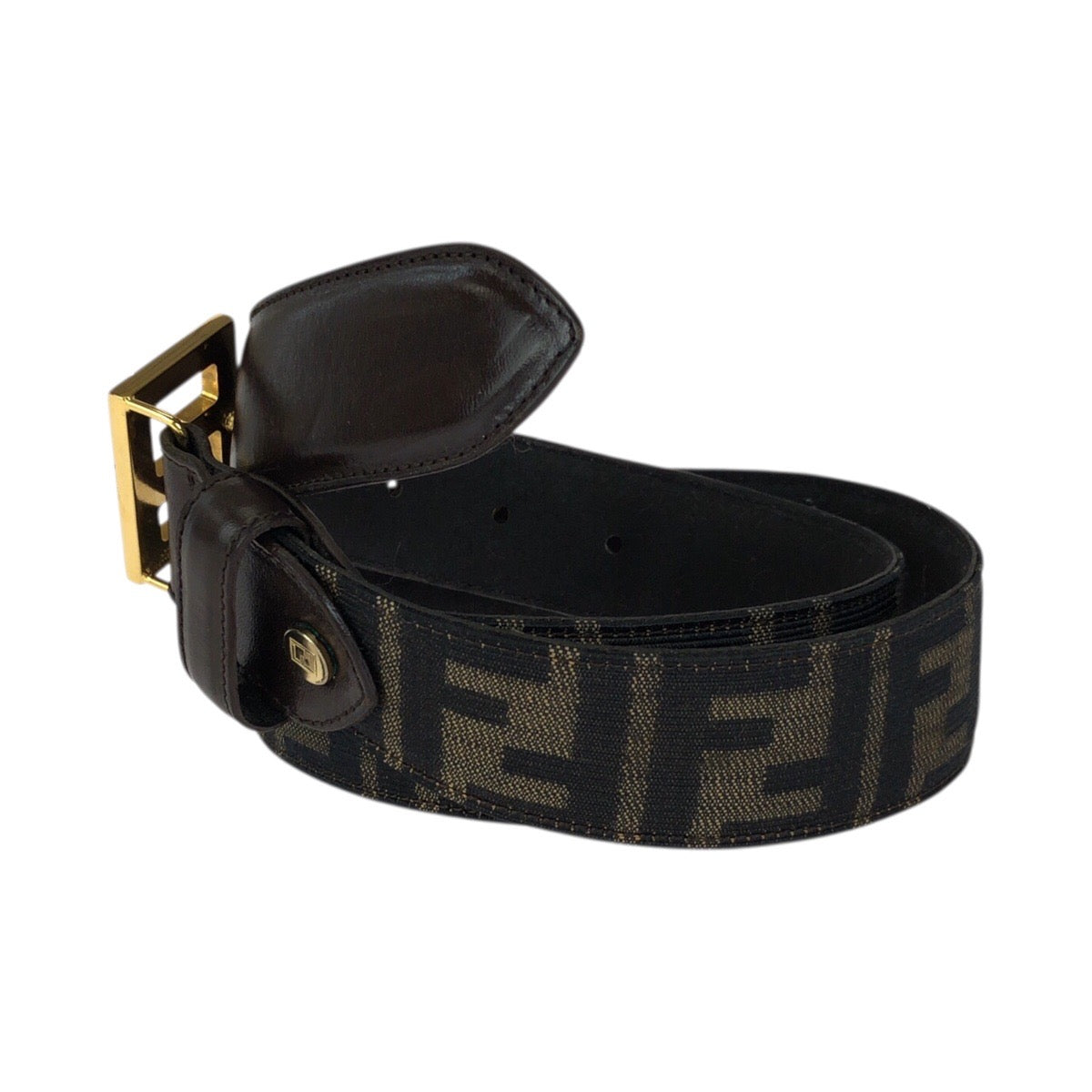 23169
FENDI フェンディ ズッカ FFロゴ サイズ44インチ ダークブラウン ゴールド金具 キャンバス / レザー ベルト レディース ABP20