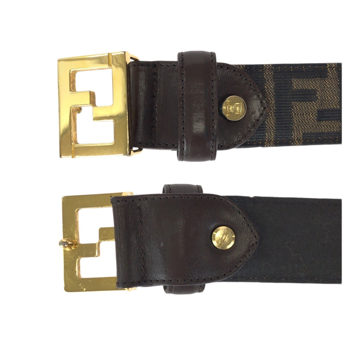 23169
FENDI フェンディ ズッカ FFロゴ サイズ44インチ ダークブラウン ゴールド金具 キャンバス / レザー ベルト レディース ABP20