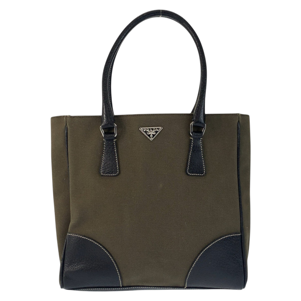 23174
PRADA プラダ 三角ロゴプレート カーキ ブラック シルバー金具 キャンバス / レザー トートバッグ ハンドバッグ レディース ABP28