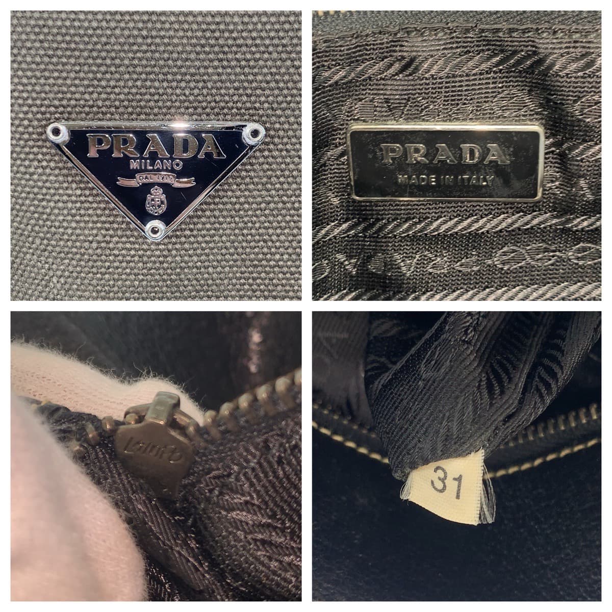 23174
PRADA プラダ 三角ロゴプレート カーキ ブラック シルバー金具 キャンバス / レザー トートバッグ ハンドバッグ レディース ABP28