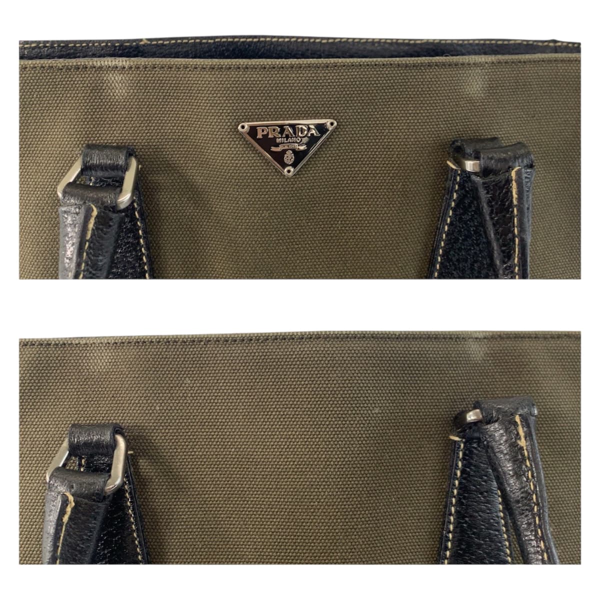 23174
PRADA プラダ 三角ロゴプレート カーキ ブラック シルバー金具 キャンバス / レザー トートバッグ ハンドバッグ レディース ABP28