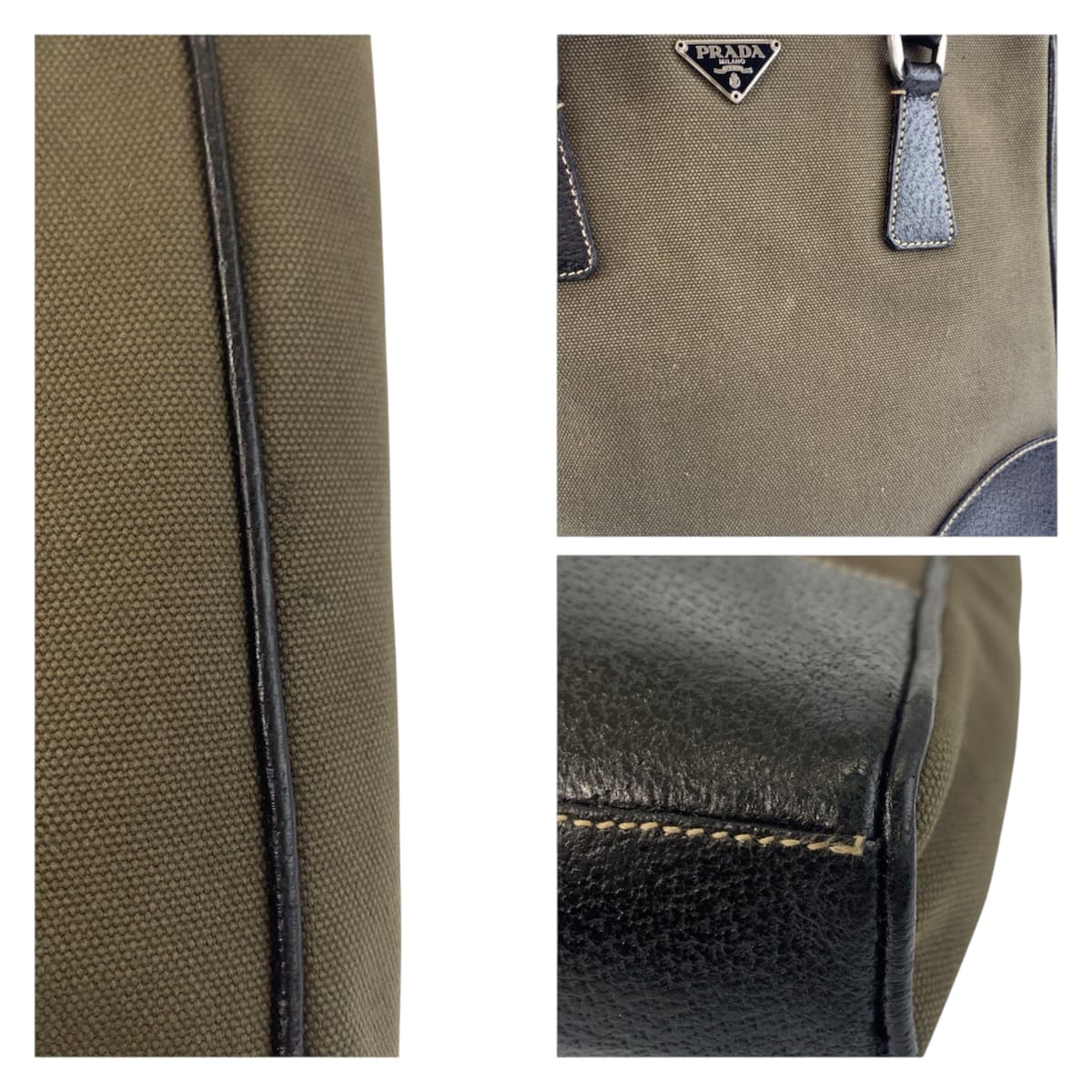 23174
PRADA プラダ 三角ロゴプレート カーキ ブラック シルバー金具 キャンバス / レザー トートバッグ ハンドバッグ レディース ABP28