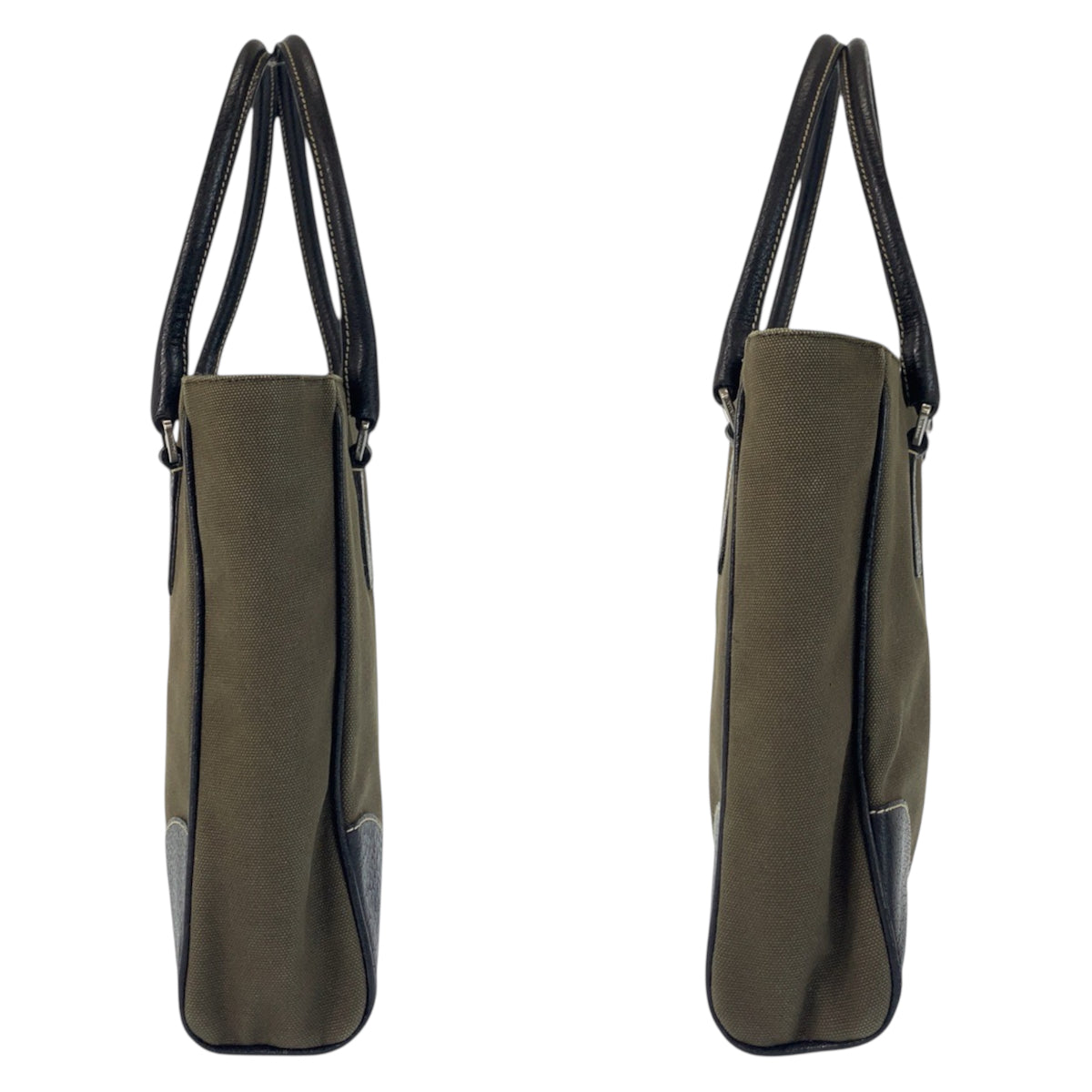 23174
PRADA プラダ 三角ロゴプレート カーキ ブラック シルバー金具 キャンバス / レザー トートバッグ ハンドバッグ レディース ABP28