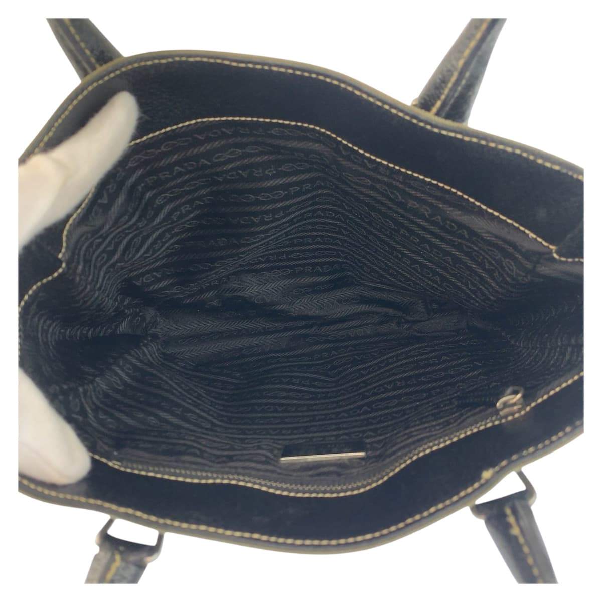23174
PRADA プラダ 三角ロゴプレート カーキ ブラック シルバー金具 キャンバス / レザー トートバッグ ハンドバッグ レディース ABP28