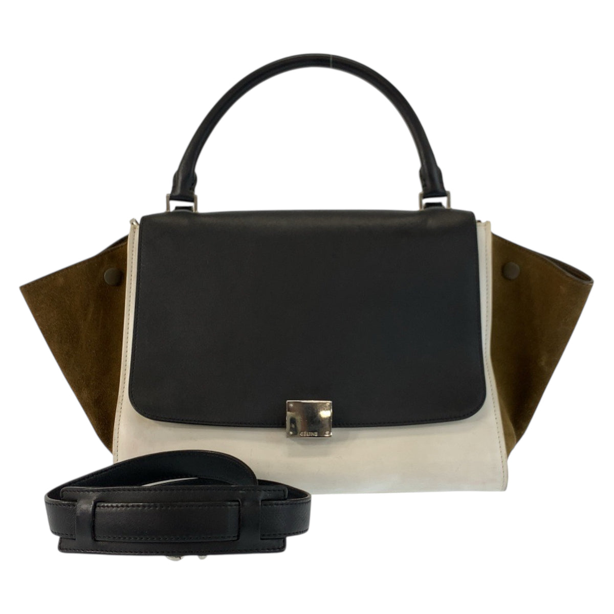 23179
CELINE セリーヌ トラペーズ ブラック ホワイト カーキ レザー / スウェード S-VP-1122 ハンドバッグ ショルダーバッグ 2way レディース AB42