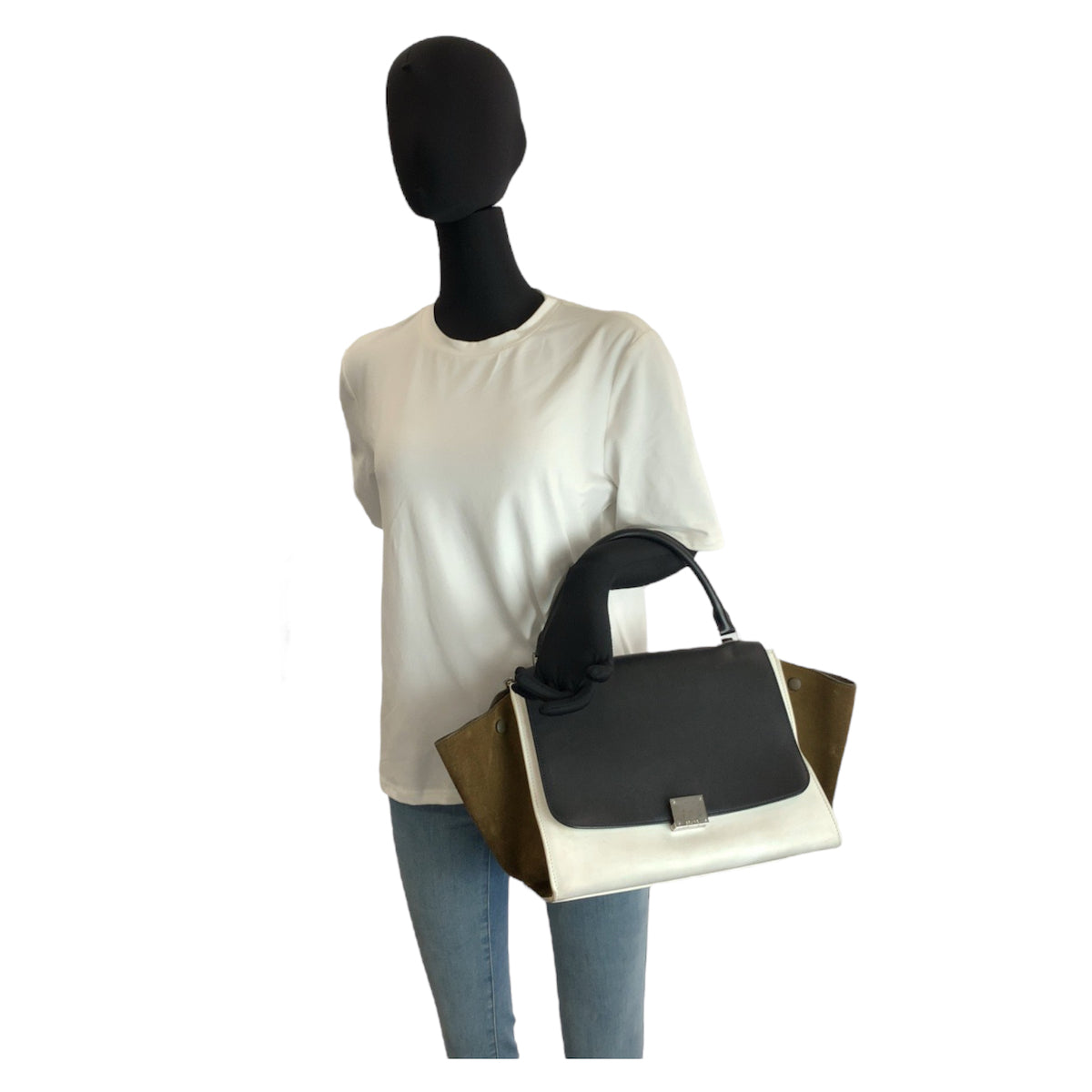 23179
CELINE セリーヌ トラペーズ ブラック ホワイト カーキ レザー / スウェード S-VP-1122 ハンドバッグ ショルダーバッグ 2way レディース AB42