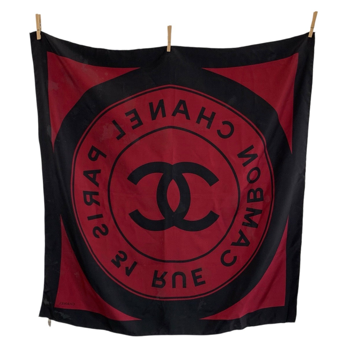 23181
CHANEL シャネル ヴィンテージ 31 RUE CAMBON ココマーク ワインレッド ブラック シルク スカーフ レディース AB42