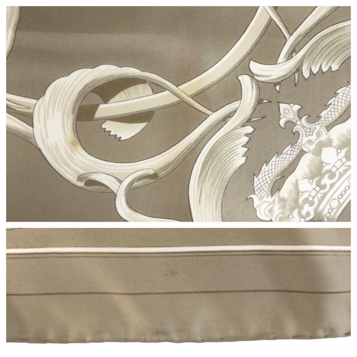 23187
HERMES エルメス カレ90 クラウン柄 ベージュ エトゥープ カーキ シルク スカーフ レディース ABP23