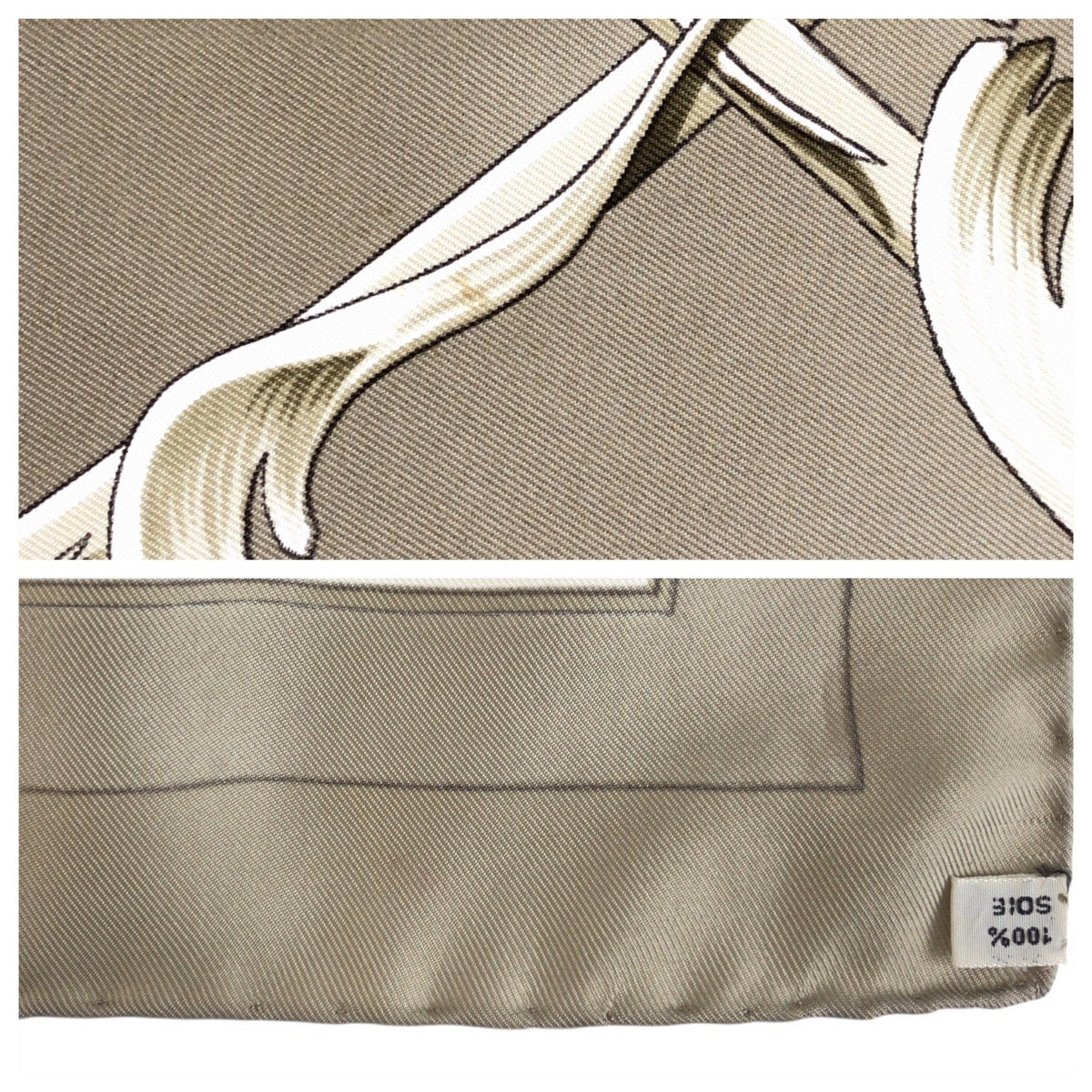 23187
HERMES エルメス カレ90 クラウン柄 ベージュ エトゥープ カーキ シルク スカーフ レディース ABP23