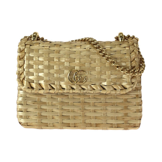 23198
GUCCI グッチ ウィッカー ベージュ ゴールド金具 ラタン 524829 チェーンショルダーバッグ ポシェット レディース A98