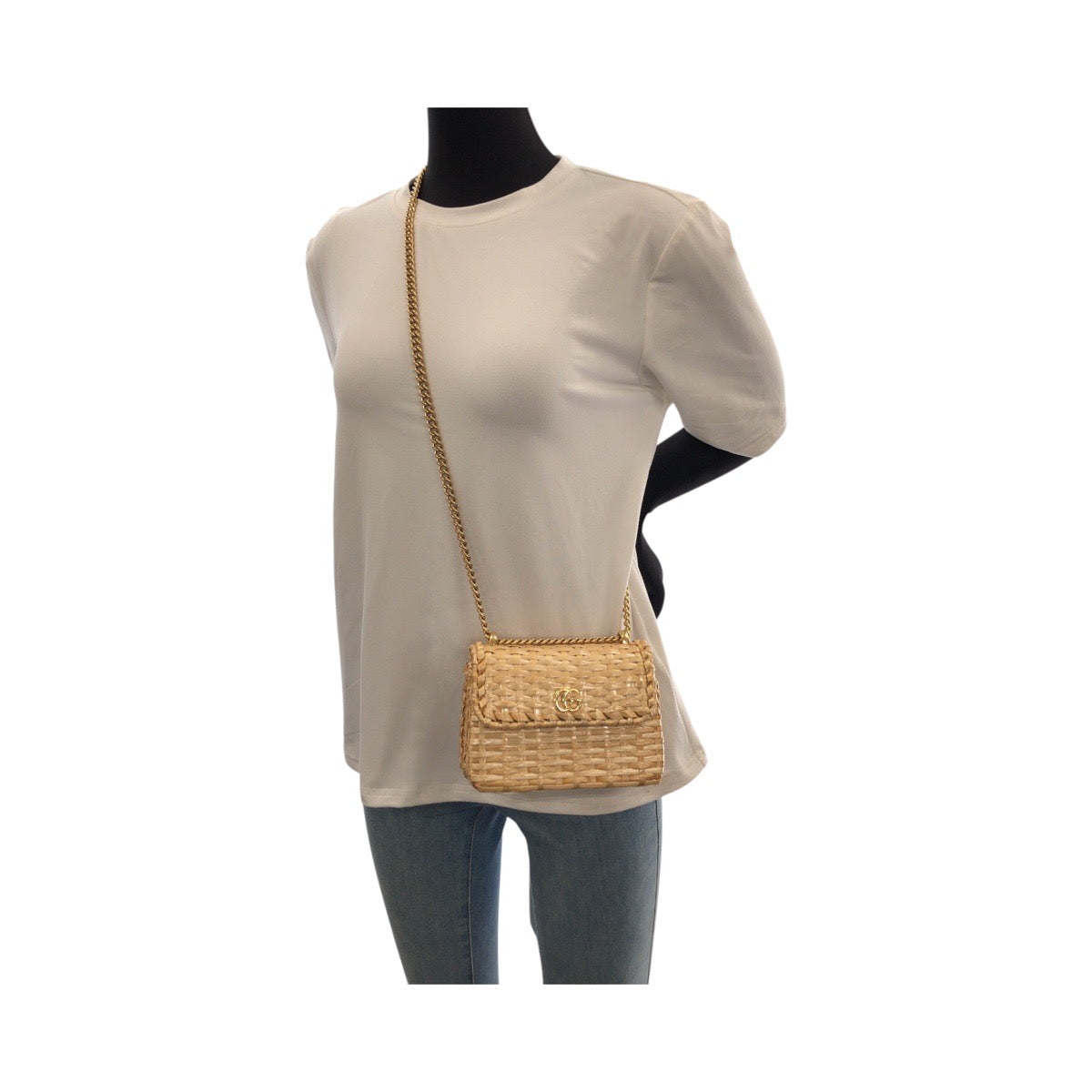 23198
GUCCI グッチ ウィッカー ベージュ ゴールド金具 ラタン 524829 チェーンショルダーバッグ ポシェット レディース A98