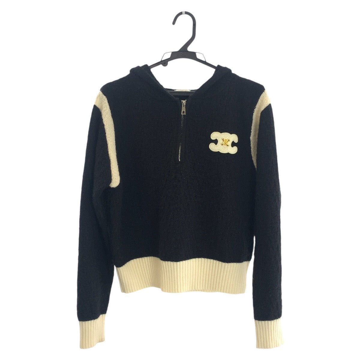 23211
CELINE セリーヌ フーディー サイズM 国内未発売 ブラック ホワイト ゴールド金具 シルバー金具 ウール セーター ニット 長袖 レディース A80