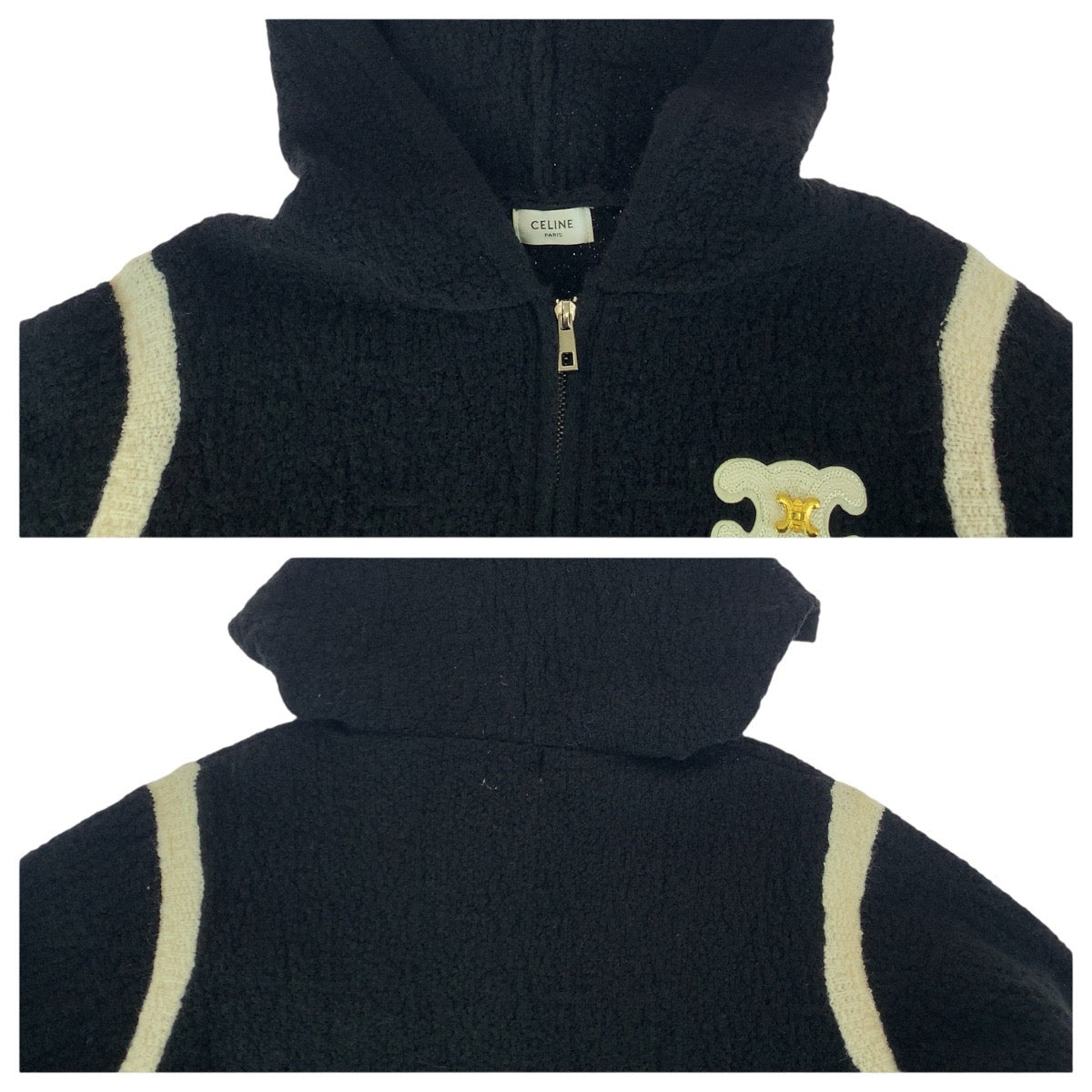 23211
CELINE セリーヌ フーディー サイズM 国内未発売 ブラック ホワイト ゴールド金具 シルバー金具 ウール セーター ニット 長袖 レディース A80