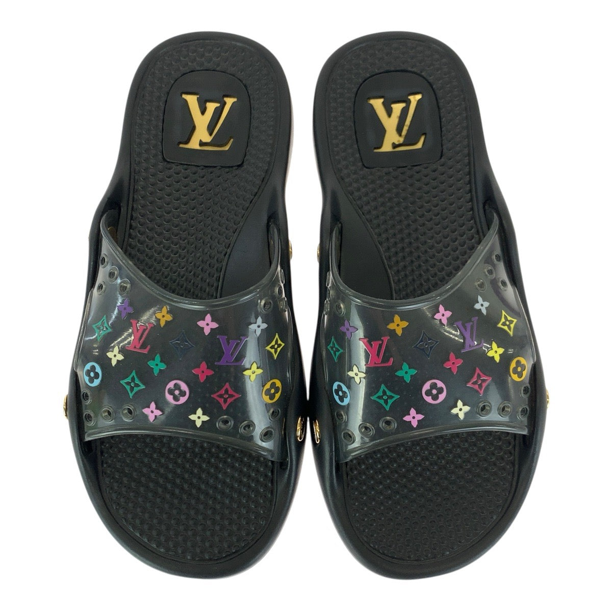 23217
LOUIS VUITTON ルイヴィトン モノグラム マルチカラー サイズ38 ブラック 黒 ゴールド金具 ラバー ビーチサンダル 男女兼用 レディース ABP35