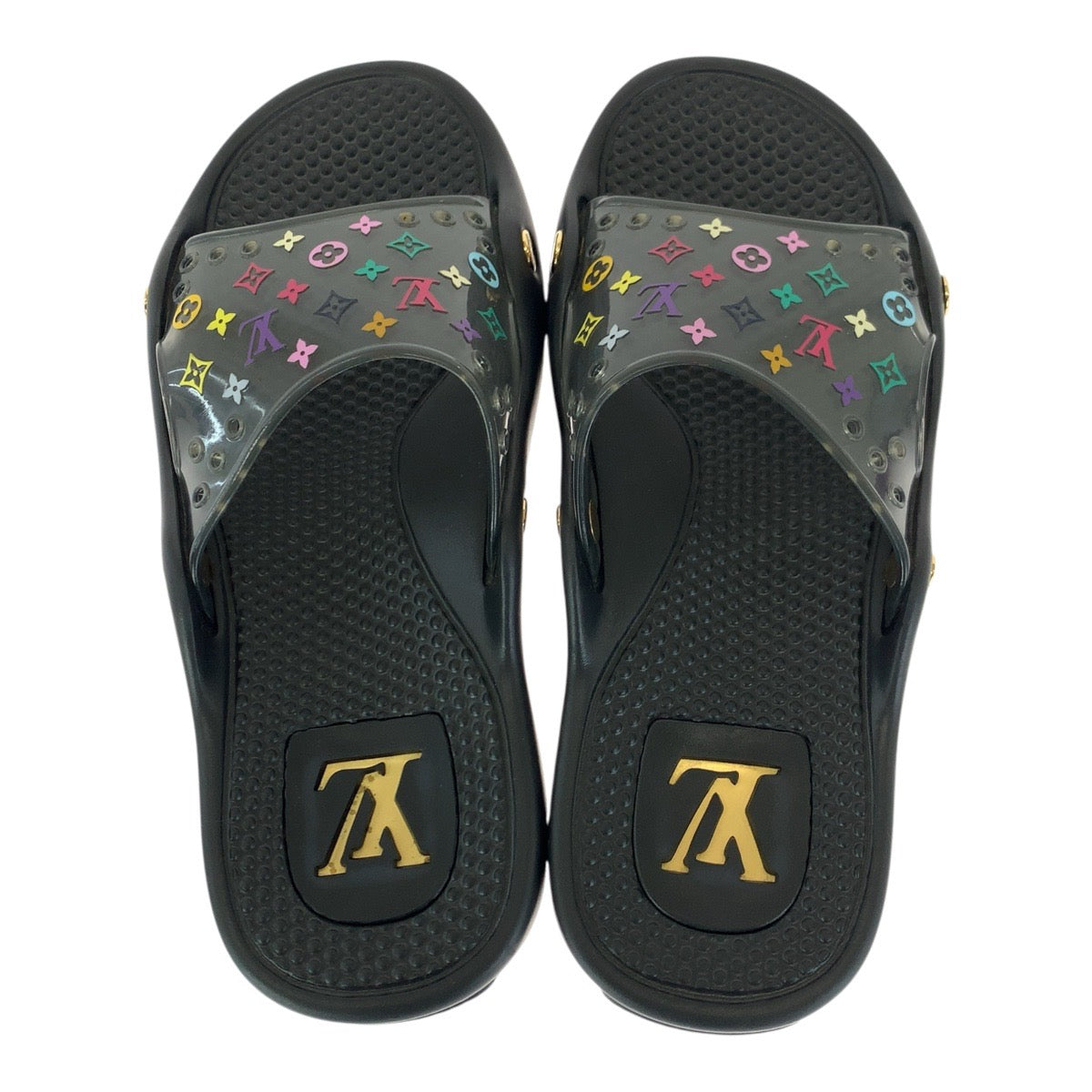 23217
LOUIS VUITTON ルイヴィトン モノグラム マルチカラー サイズ38 ブラック 黒 ゴールド金具 ラバー ビーチサンダル 男女兼用 レディース ABP35