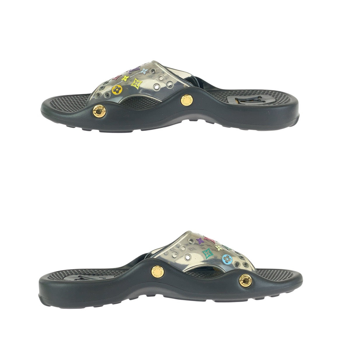 23217
LOUIS VUITTON ルイヴィトン モノグラム マルチカラー サイズ38 ブラック 黒 ゴールド金具 ラバー ビーチサンダル 男女兼用 レディース ABP35