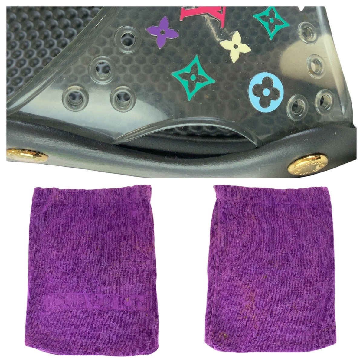 23217
LOUIS VUITTON ルイヴィトン モノグラム マルチカラー サイズ38 ブラック 黒 ゴールド金具 ラバー ビーチサンダル 男女兼用 レディース ABP35