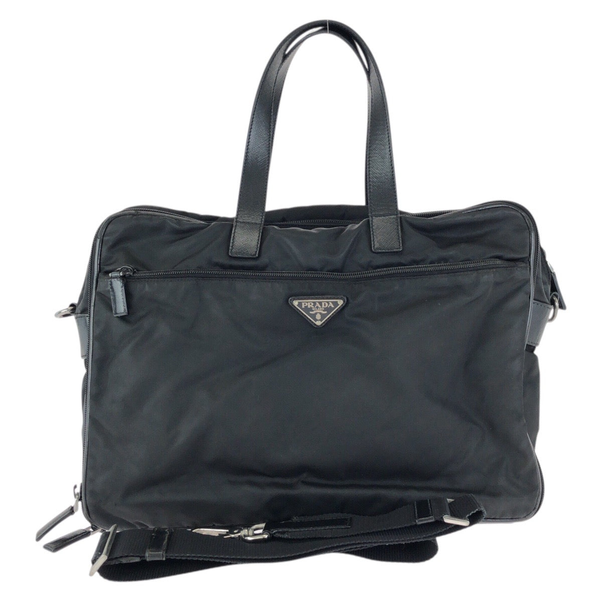 23239
PRADA プラダ テスート サフィアーノ 三角ロゴプレート ブラック 黒 シルバー金具 ナイロン / レザー ビジネスバッグ ブリーフケース ショルダーバッグ メンズ AB35