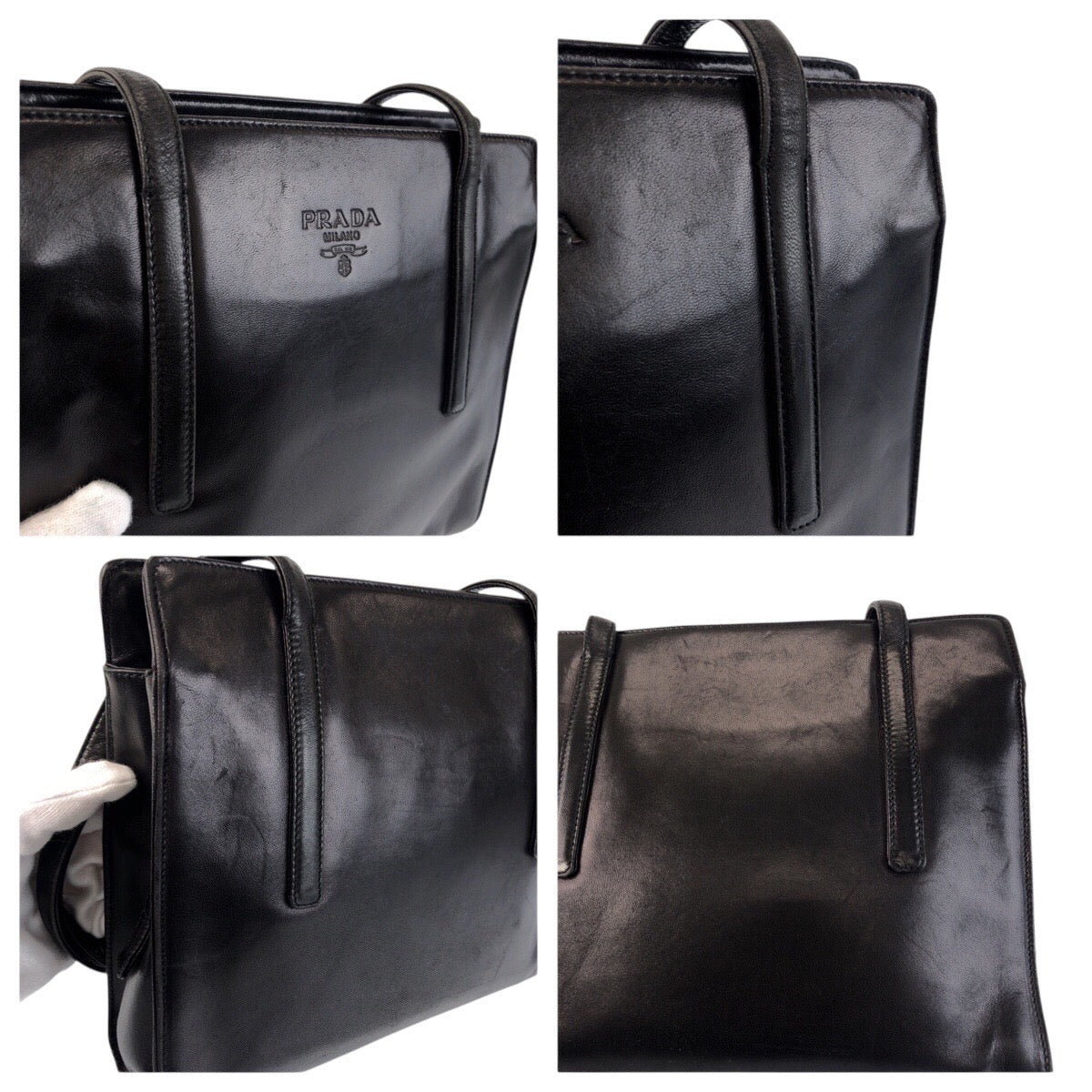 23273
PRADA プラダ ブラック 黒 シルバー金具 レザー ショルダーバッグ トートバッグ レディース ABP28