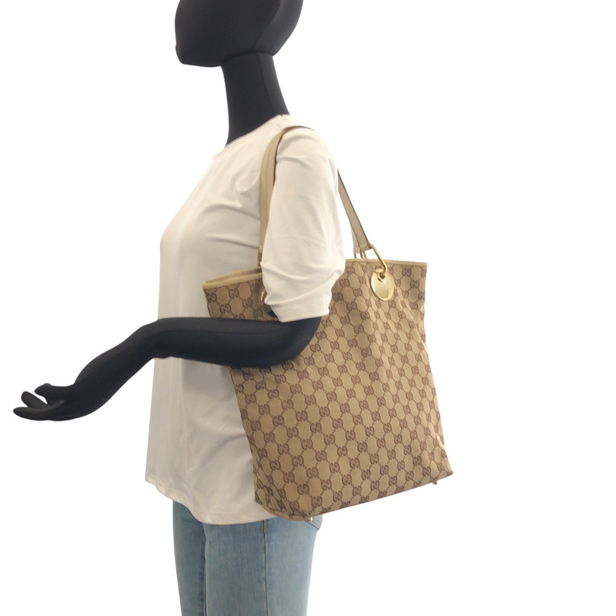 23284
GUCCI グッチ ベージュ ホワイト ゴールド金具 GGキャンバス / レザー 120836 トートバッグ ショルダーバッグ レディース AB21