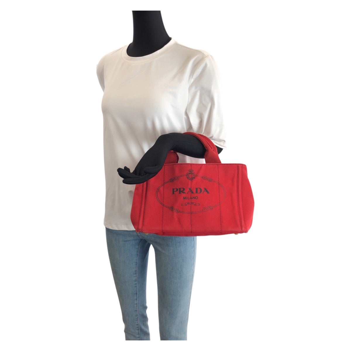 23289
PRADA プラダ カナパ レッド ゴールド金具 キャンバス トートバッグ ハンドバッグ レディース AB38
