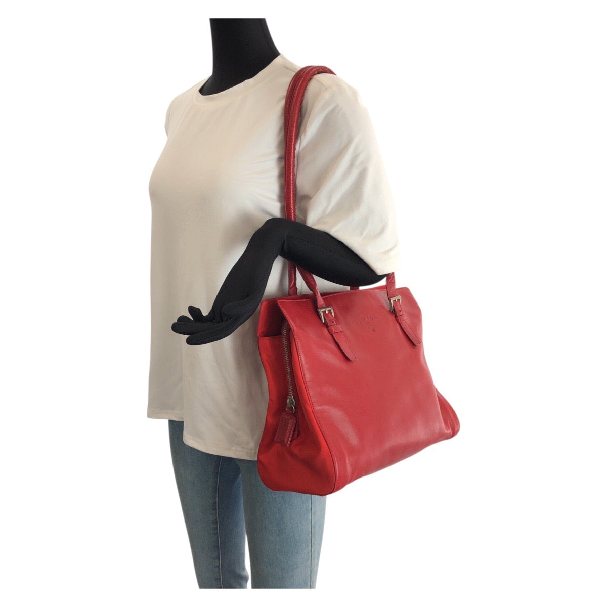 23292
PRADA プラダ テスート レッド シルバー金具 レザー / ナイロン ショルダーバッグ トートバッグ レディース ABP42
