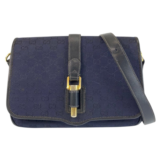 23293
GUCCI グッチ ヴィンテージ ネイビー ゴールド金具 GGキャンバス / レザー ショルダーバッグ ポシェット レディース AB35