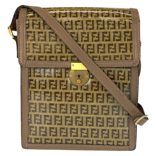 23307
FENDI フェンディ ヴィンテージ ズッカ ブラウン ゴールド金具 PVC / レザー ショルダーバッグ メッセンジャーバッグ レディース AB28