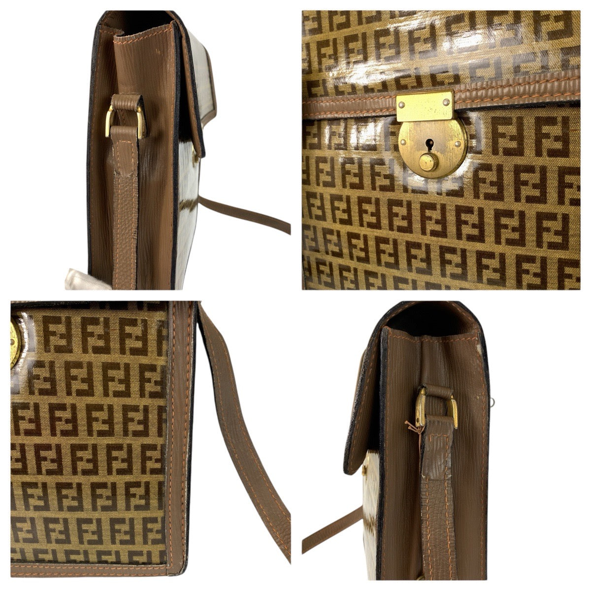 23307
FENDI フェンディ ヴィンテージ ズッカ ブラウン ゴールド金具 PVC / レザー ショルダーバッグ メッセンジャーバッグ レディース AB28