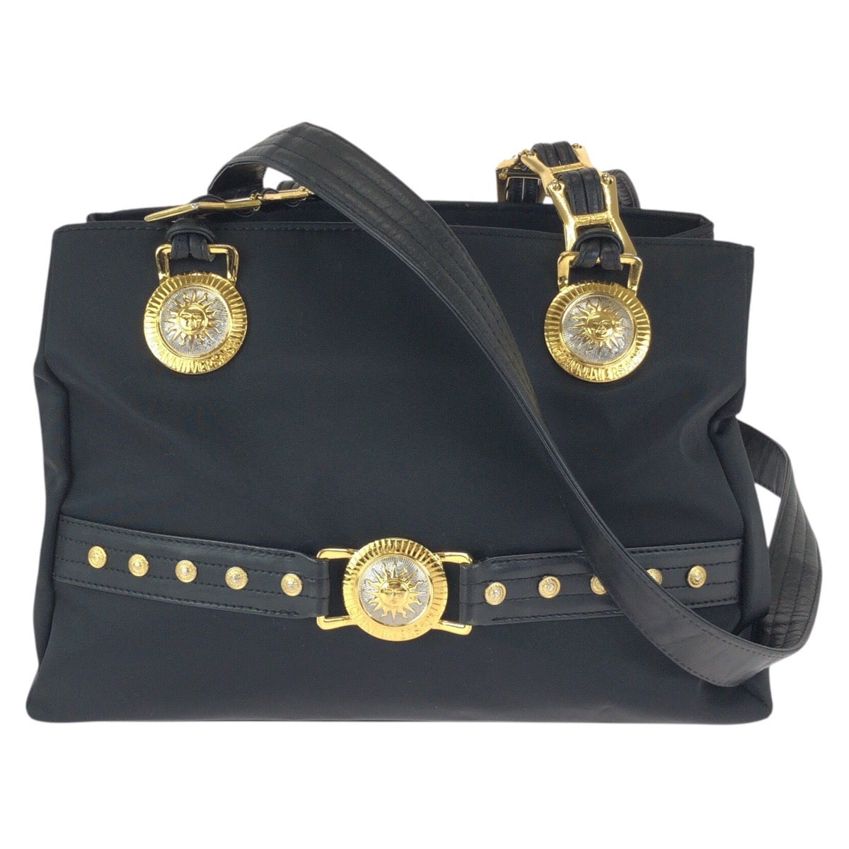 23310
VERSACE ヴェルサーチ ヴィンテージ サンバースト ブラック 黒 ゴールド金具 ナイロン / レザー ショルダーバッグ トートバッグ レディース ABP42