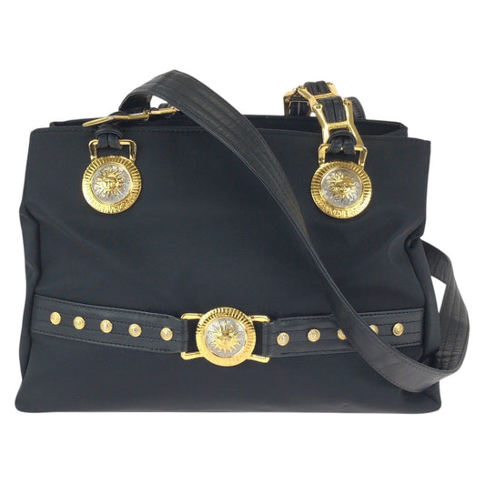 23310
VERSACE ヴェルサーチ ヴィンテージ サンバースト ブラック 黒 ゴールド金具 ナイロン / レザー ショルダーバッグ トートバッグ レディース ABP42