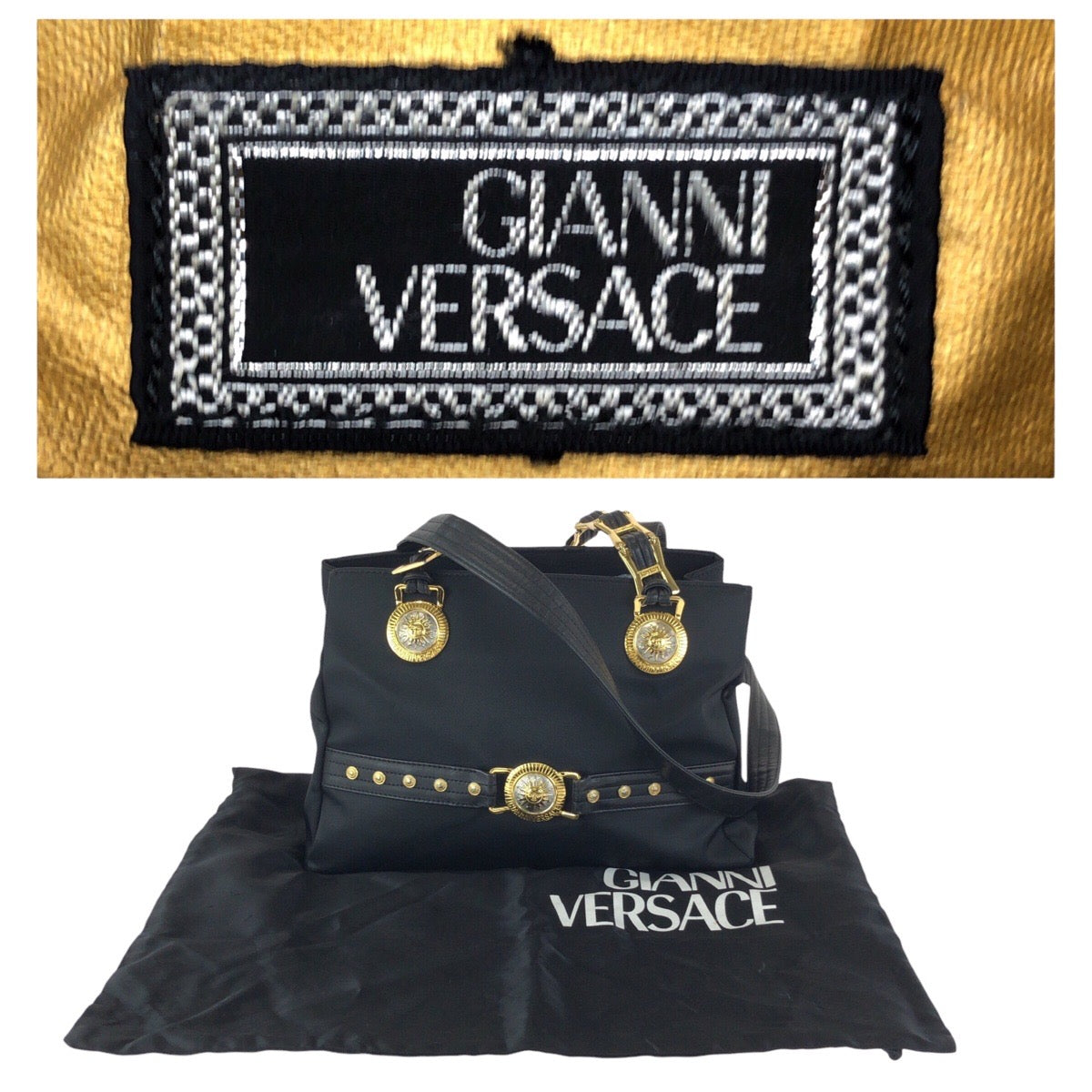 23310
VERSACE ヴェルサーチ ヴィンテージ サンバースト ブラック 黒 ゴールド金具 ナイロン / レザー ショルダーバッグ トートバッグ レディース ABP42