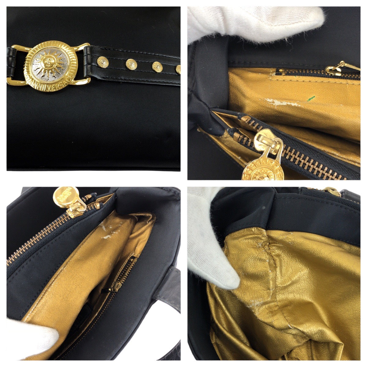 23310
VERSACE ヴェルサーチ ヴィンテージ サンバースト ブラック 黒 ゴールド金具 ナイロン / レザー ショルダーバッグ トートバッグ レディース ABP42