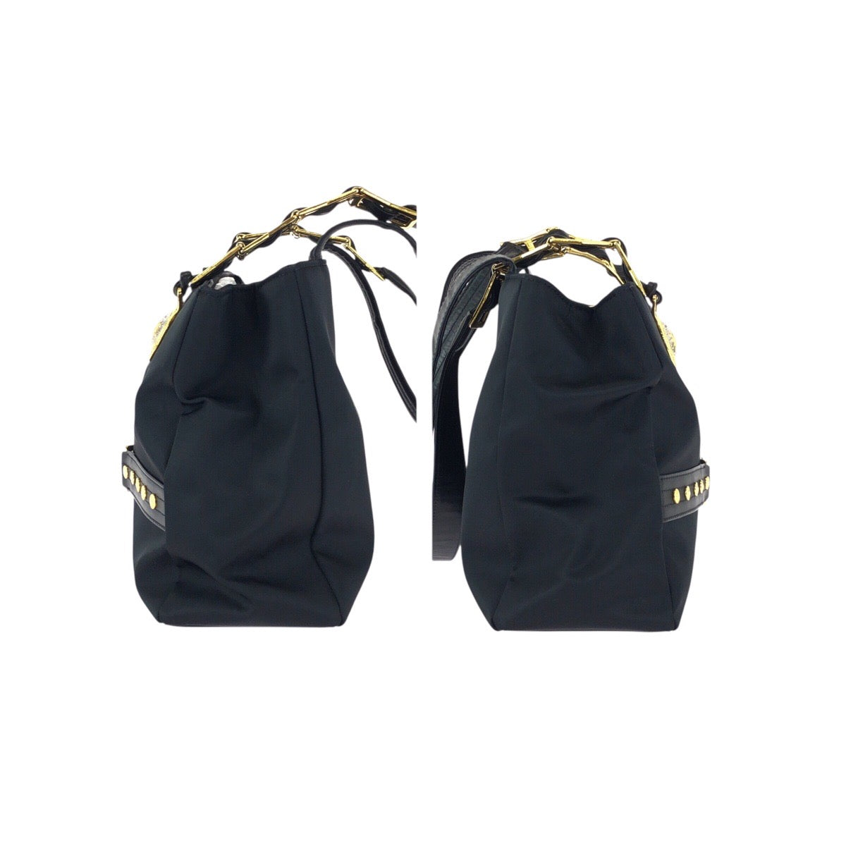 23310
VERSACE ヴェルサーチ ヴィンテージ サンバースト ブラック 黒 ゴールド金具 ナイロン / レザー ショルダーバッグ トートバッグ レディース ABP42