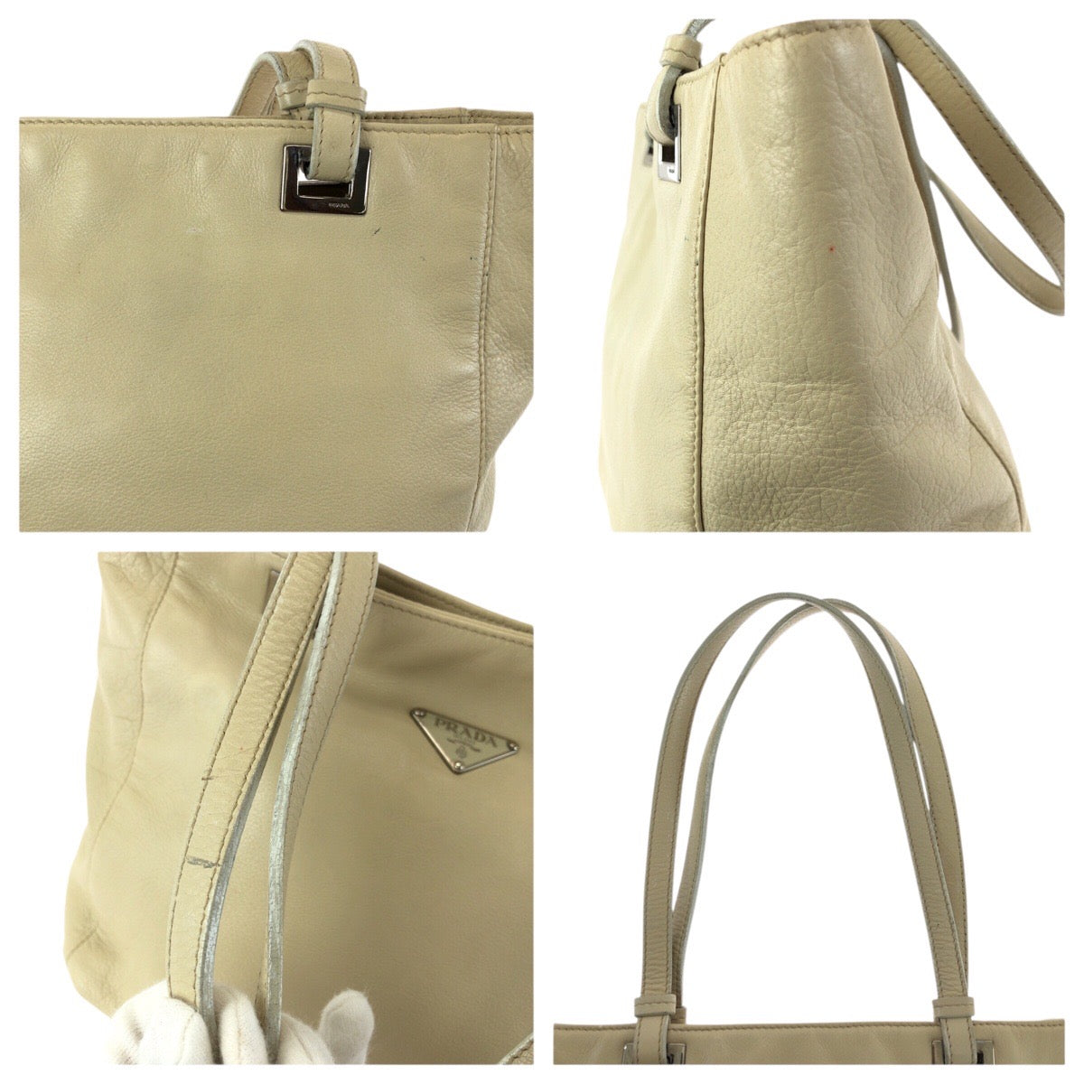 23312
PRADA プラダ 三角ロゴプレート ベージュ シルバー金具 レザー トートバッグ ショルダーバッグ レディース AB28