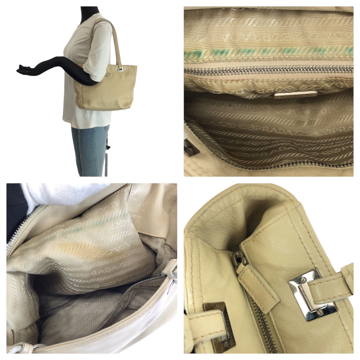 23312
PRADA プラダ 三角ロゴプレート ベージュ シルバー金具 レザー トートバッグ ショルダーバッグ レディース AB28