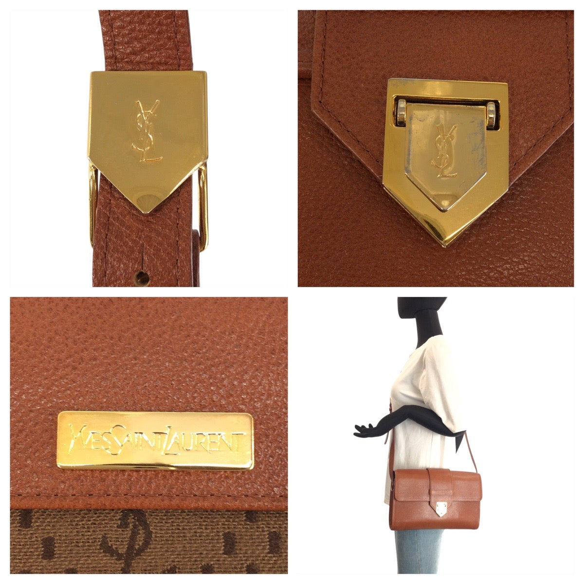 23321
YVES SAINT LAURENT イヴ サンローラン ヴィンテージ YSL ブラウン ゴールド金具 レザー ショルダーバッグ ポシェット レディース ABP42