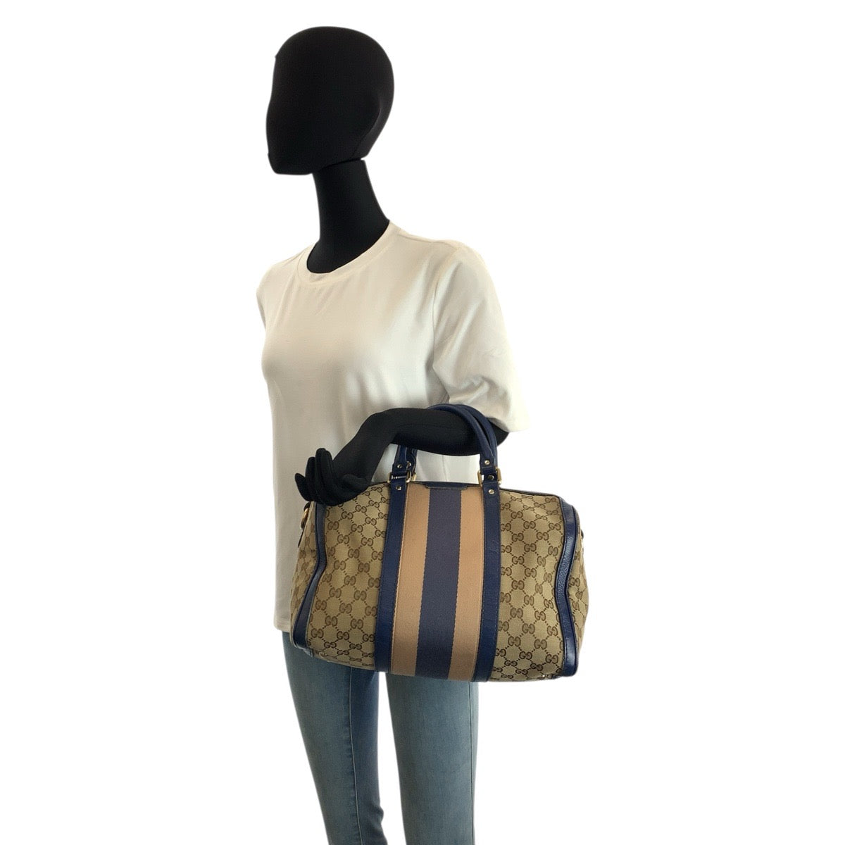 23330
GUCCI グッチ シェリーライン ベージュ ブルー ゴールド金具 GGキャンバス / レザー 247205 ハンドバッグ ボストンバッグ ショルダーバッグ レディース AB58