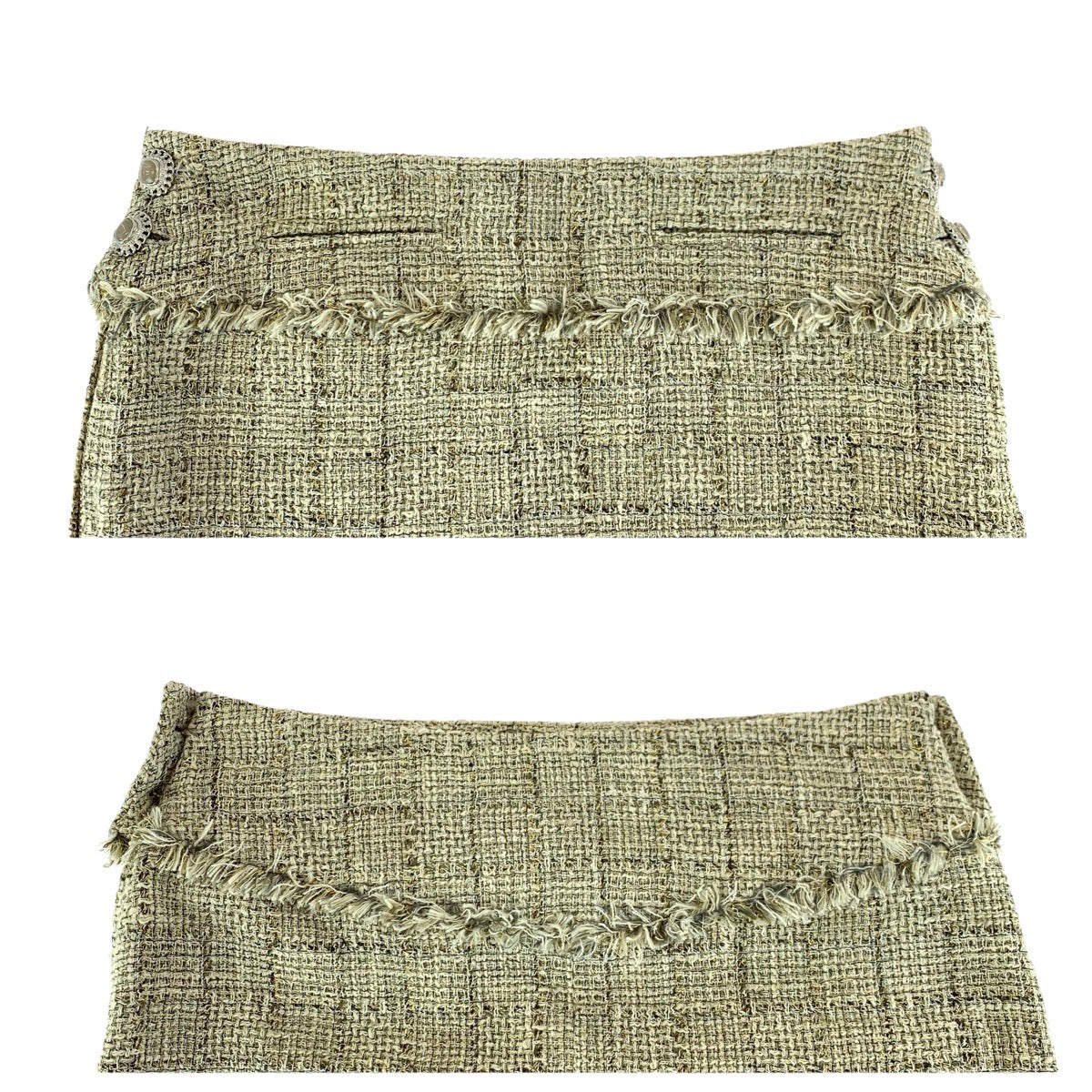 23352
CHANEL シャネル ツイード ココマークハンガー付き サイズ34 ベージュ ゴールド金具 コットン / シルク P38115 スカート レディース A38