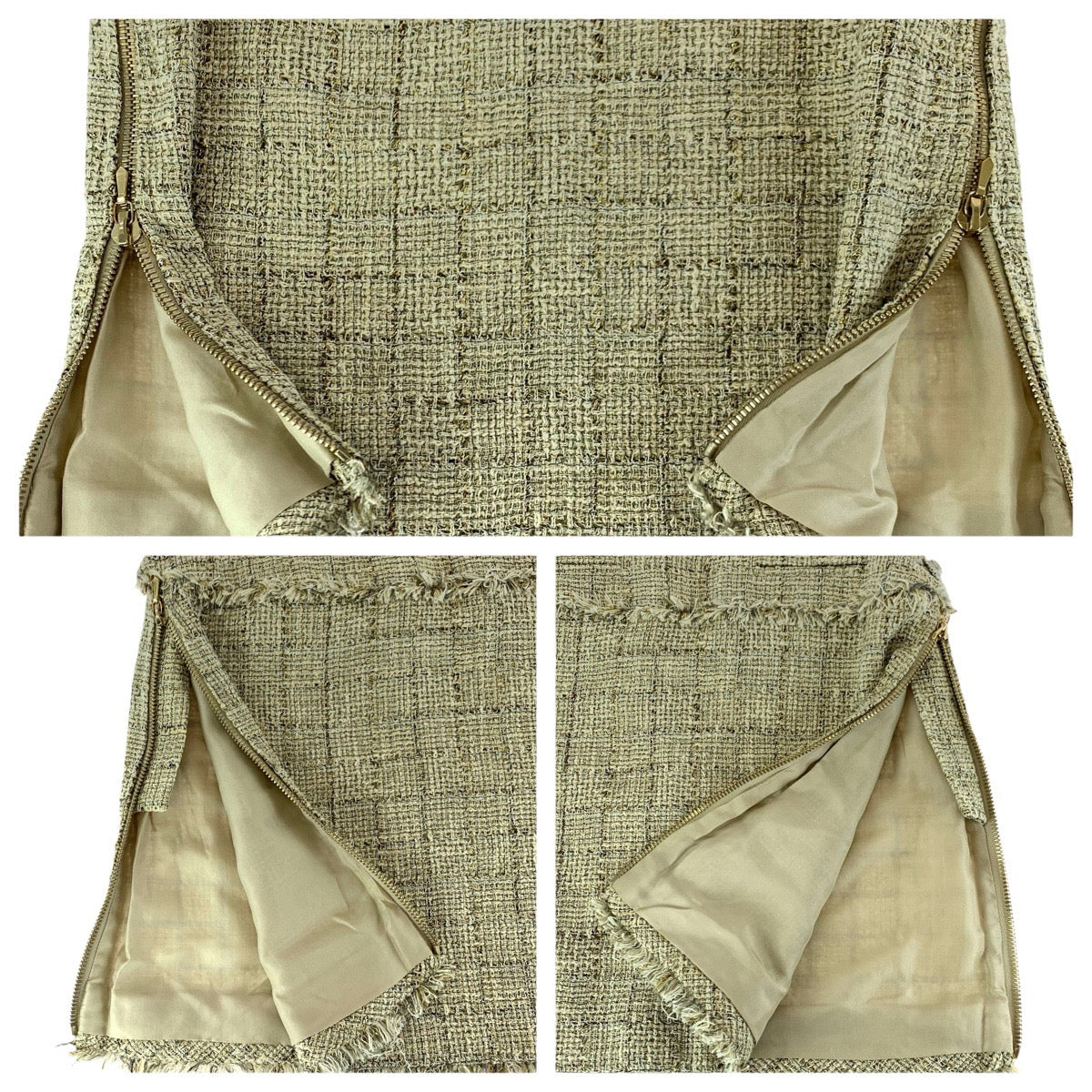 23352
CHANEL シャネル ツイード ココマークハンガー付き サイズ34 ベージュ ゴールド金具 コットン / シルク P38115 スカート レディース A38